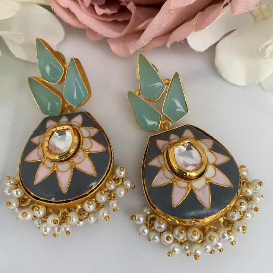 SKNJ0381 Kundan Minakari, Mint Chalcedony